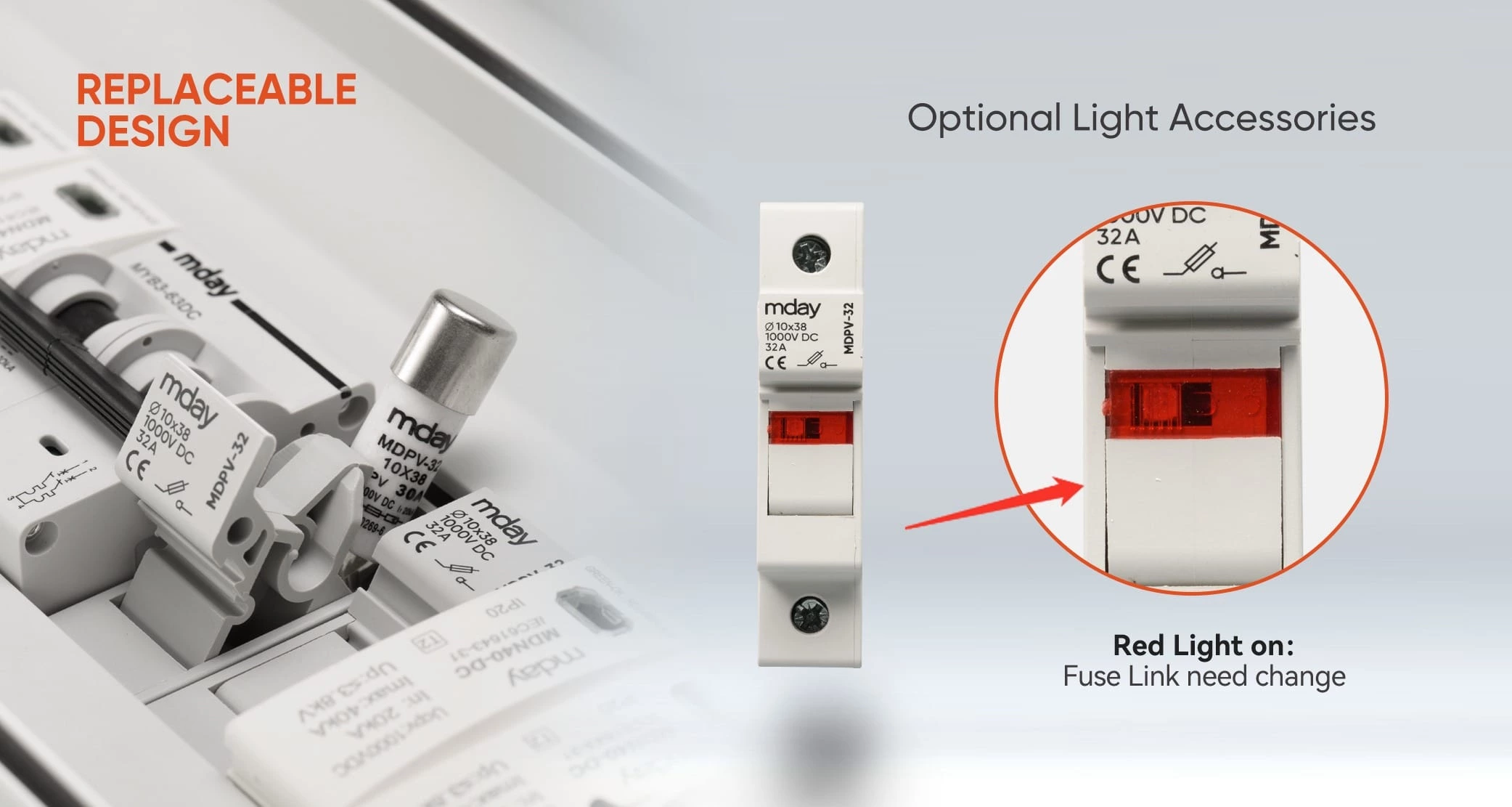 Mday MDPV-32X 32A 10x38mm Solar PV System Fuse Base With Light 1000V DC Fuse Holder for DC Combiner Box