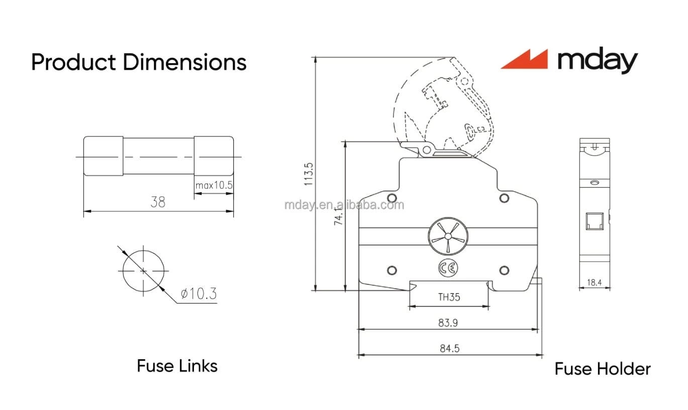 Mday MDPV-32X 32A 10x38mm Solar PV System Fuse Base With Light 1000V DC Fuse Holder for DC Combiner Box