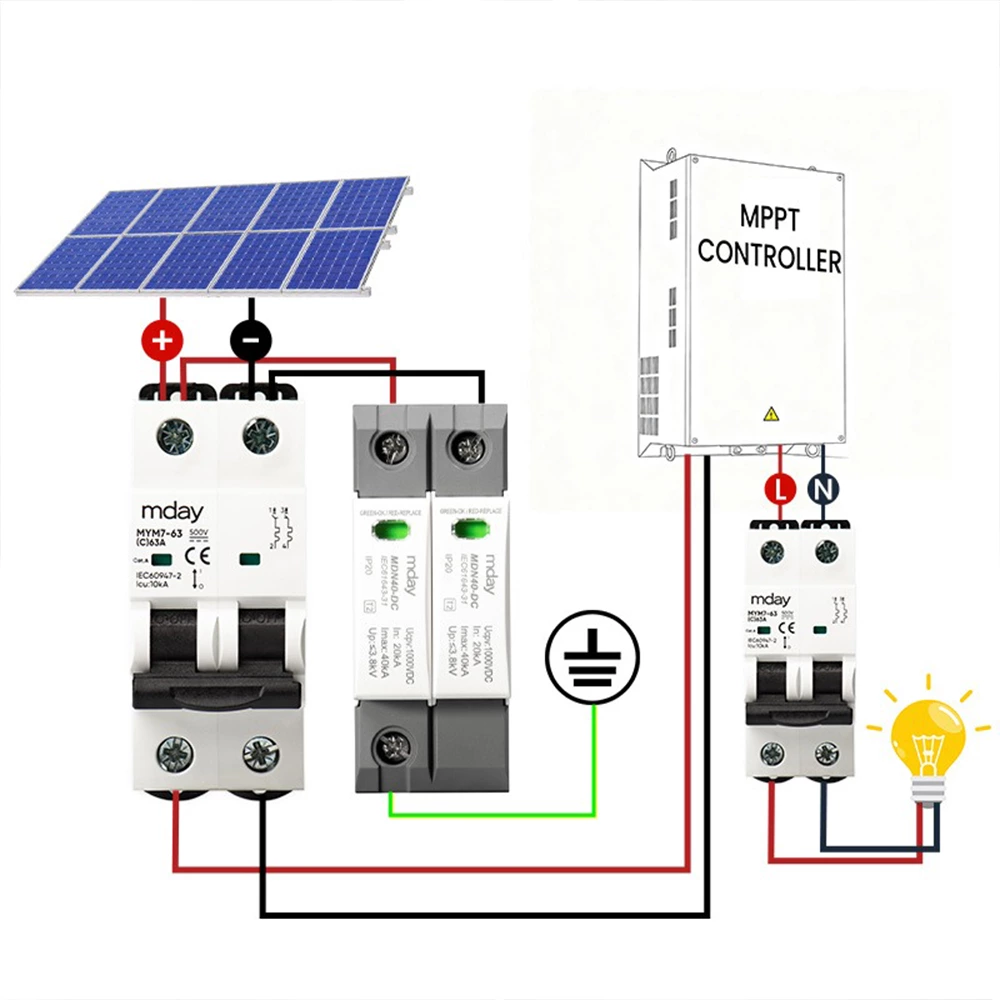 Mday T2 MDN40 1000V 2P DC Solar SPD Surge Protector 20KA 40KA Lightning Protection Solar System